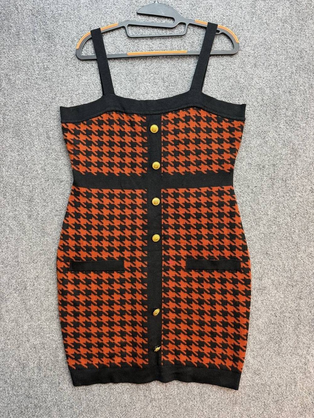 Coco and Shay Women's L Red Black Houndstooth Bodycon Mini Dress Gold Buttons